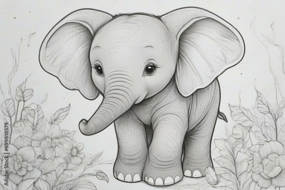 Cute elephant hand drawn coloring book page illustration