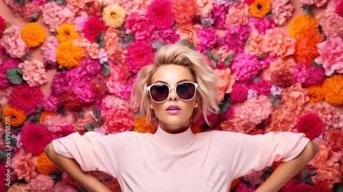 Fashionable blonde girl in sunglasses on a background of flowers, AI