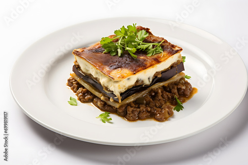 Greek potato, Bringle, and meat casserole with cheese - moussaka on a plate