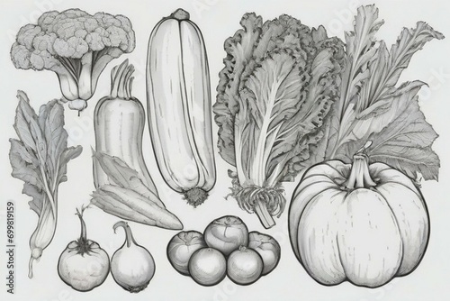 Vegetables hand drawn coloring book page illustration