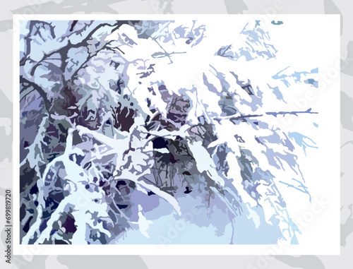 Beautiful laconic winter background for interiors or posters. Snow-covered branches of a tree or bush in cold tones for prints and fabric products, wallpaper and textiles, covers, postcards, etc.