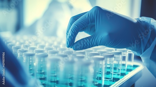 Hand wearing sanitary gloves meticulously checking medical vials, analysis vials. Medical concept. Generative AI