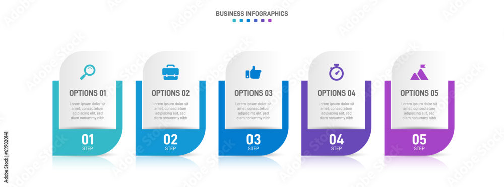 Timeline infographic with infochart. Modern presentation template with 5 spets for business process. Website template on white background for concept modern design. Horizontal layout. Timeline infographic with infochart. Modern presentation template with 5 spets for business process. Website template on white background for concept modern design. Horizontal layout.