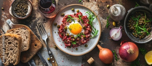 Top-down view of steak tartare with raw yolk, gherkins, capers, rye bread, onions, red wine, and fork on textured backdrop, ready for captions. photo