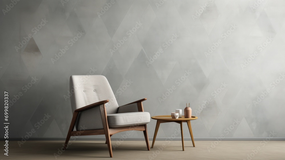  a chair and a table in front of a wall with a geometric pattern on it and a table with a vase on it.