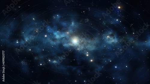  a group of stars in the middle of a space filled with lots of blue and white stars in the middle of the night sky.