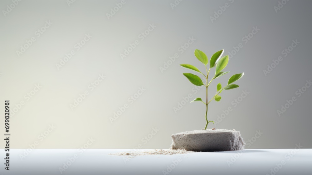  a small plant sprouting out of a rock on top of a table with a light gray wall in the background.
