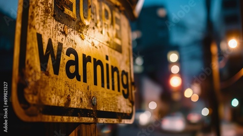 Cautionary Tale: A Worn Warning Sign Illuminated by the City's Nightlife, a Symbol of Alertness