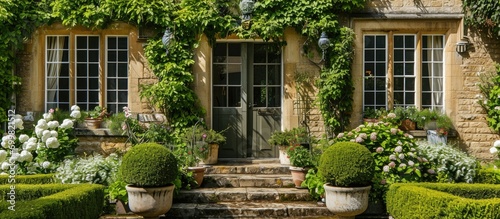 Green topiary garden in front of an English country house with stone patio doors, surrounded by white climbing plants; flower vase displayed. photo