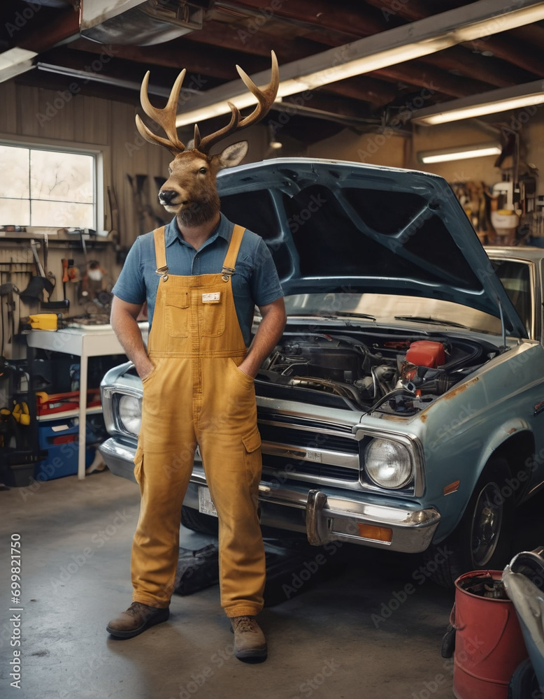 An anthropomorphic deer mechanic stands next to a disassembled car in the garage