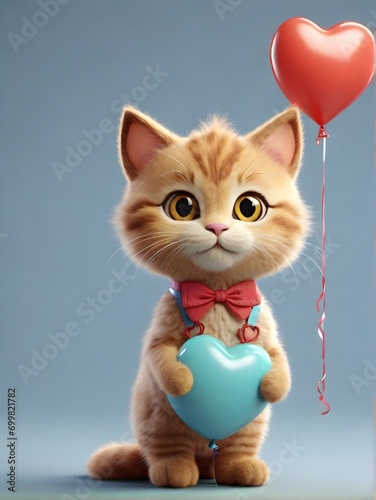 Cute cat holding a heart balloon on an isolated background. Ideal for Valentine's, birthdays, New Year's, Christmas events, invitations, banners, and gift cards. Generative AI.