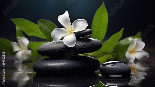  a white flower sitting on top of a pile of black rocks next to some green leaves and a pair of black rocks.