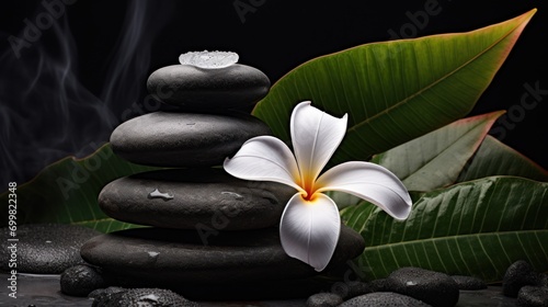  a white flower sitting on top of a pile of rocks next to a pile of rocks with a white flower on top of it.