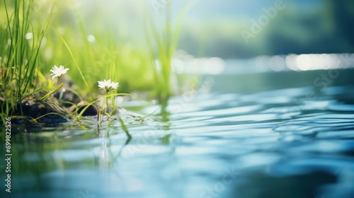 a close up of a body of water with plants growing out of the water and grass growing out of the water. © Anna