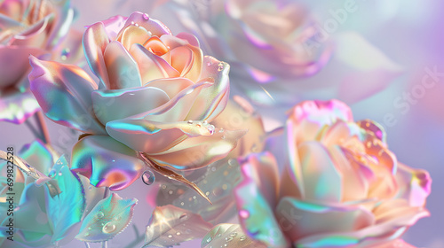 Minimal surrealism background with roses in pastel holographic colors with gradient © ALL YOU NEED studio