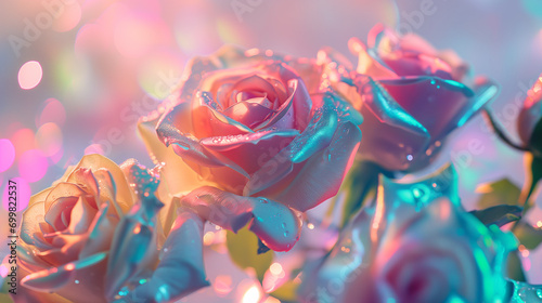 Minimal surrealism background with roses in pastel holographic colors with gradient © ALL YOU NEED studio
