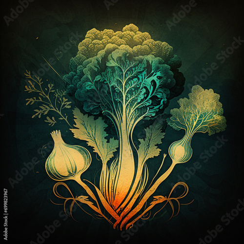 Minimalist retro illustration with vegetables and fruits. Abstract contemporary modern art.