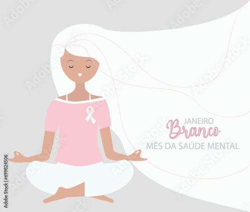 White January mental health month in Portuguese language. Cute woman with long hair meditating vector illustration.