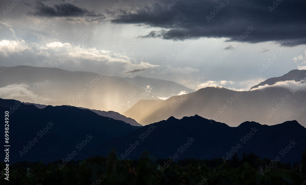 Sunlight coming from the mountains in Mendoza, Argentina
