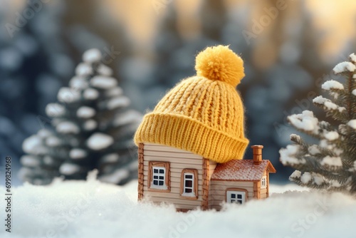 House in winter - heating system concept and cold snowy weather with model of a house