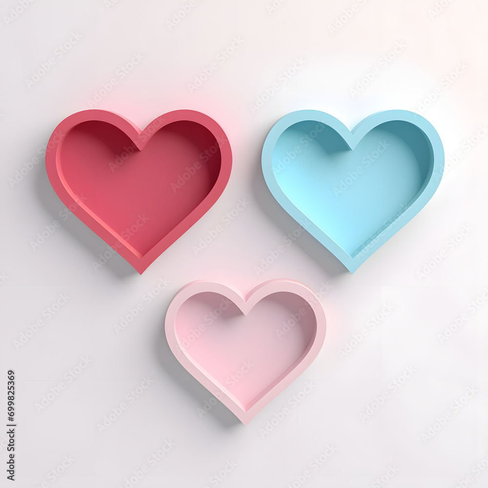 Three heart shaped storage box on a white surface. Pastel colors in the style of minimalism