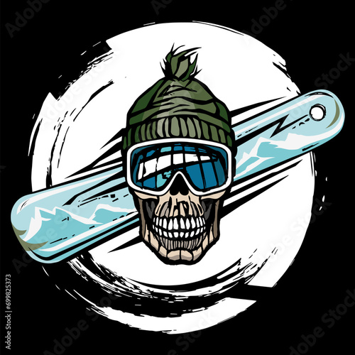 Skull hat and crossed snowboard. Cartoon skull. Snowboarding