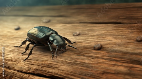  a green beetle sitting on top of a wooden table next to a pile of nuts on top of a wooden table. photo