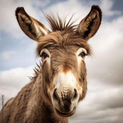 Portrait of a donkey on a cloudy sky background. Toned.