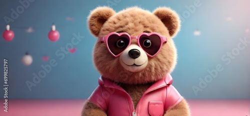 Cute teddy bear wearing pink glasses on an isolated background with copy space. Ideal for Valentine's, birthdays, New Year's, Christmas events, and banners. Generative AI.