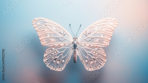  a close up of a butterfly on a blue and pink background with a blurry image of the back of the butterfly.