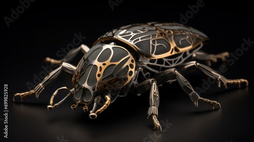  a close up of a black and gold bug on a black background with a black back ground and a black back ground.