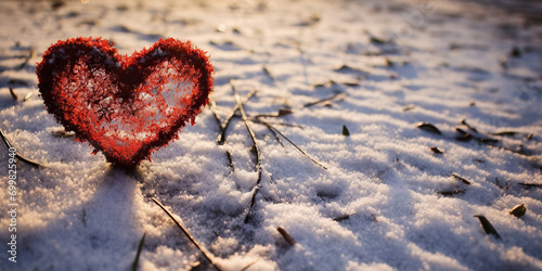 Red frost-covered heart resting on snowy surface  with sunlight casting a warm glow  sense of romantic solitude or idea of love standing out in stark conditions. Love in Winter. Warmth Amidst Coldness