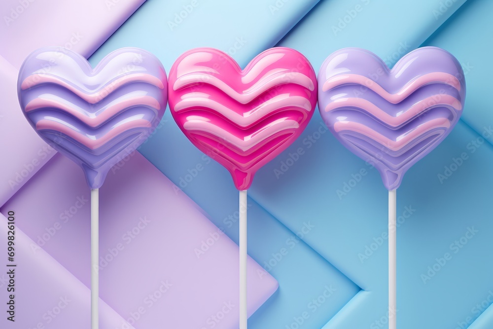 Sweet Valentine: Trio of Glossy Heart Shaped Lollipops on Geometric Pastel Backdrop