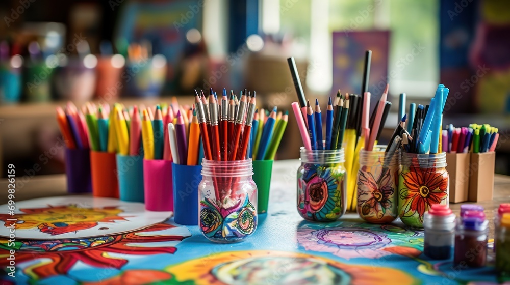 a table topped with a jar filled with lots of different colored pens and pencils on top of a table. a table topped with a jar filled with lots of different colored pens and pencils on top of a table.