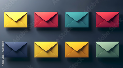Colorful 3D email icons set, modern gradient design. Vibrant email envelopes, 3D gradient effect, digital communication. Sleek 3D mail icons, bold gradients, contemporary digital design photo