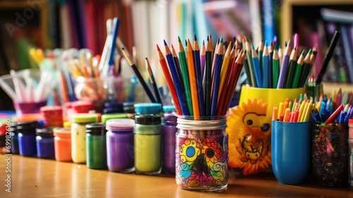  a row of jars filled with colored pencils on top of a wooden table in front of a bookshelf.