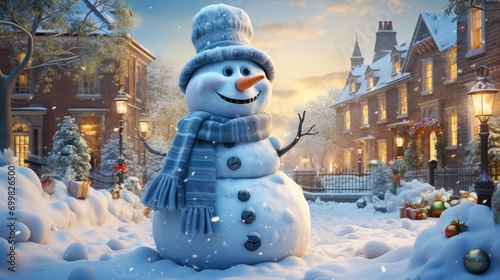 Winter landscape with snowman and cozy family house, AI