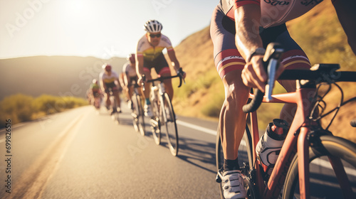 Frontal Capture of a Group of Cyclists in Competitive Race, Backlit by the Setting Sun, Embracing the Radiance of the Sunset During an Intense Cycling Competition
