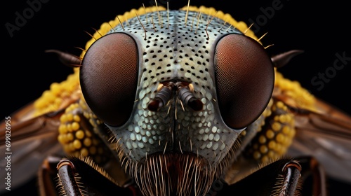  a close - up of a fly's head with yellow and brown dots on it's wings and eyes.