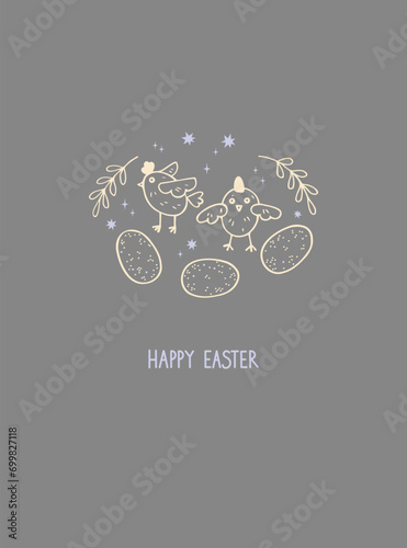 Happy Easter boho border hand drawn vector illustration. Spring card design with chickens, plants, dyed easter eggs festive motif. Background for congratulation, print, paper, poster, template, web