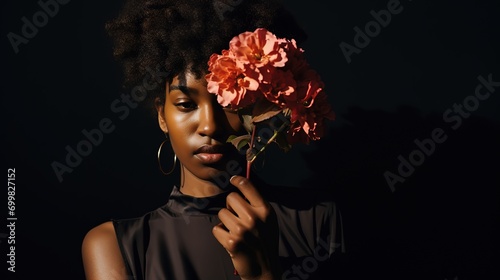 attractive African woman holding orange flower posy, idea for women's rights concept support and international women's day, feeling of devotion and compassion, background wallpaper, Generative Ai photo