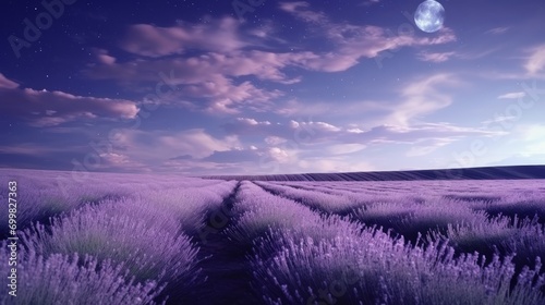 Tranquil serene landscape of lavender field in the night under purple sky