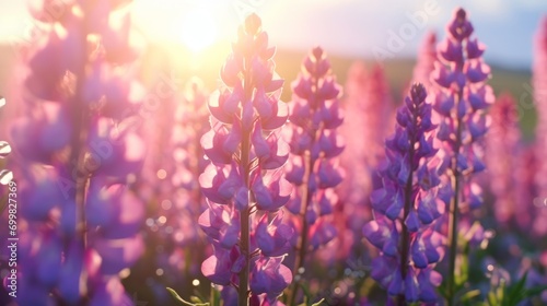 Vibrant pink and purple flowers of lupine field on sunset photo