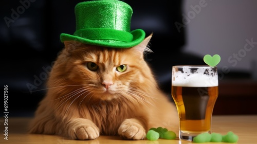 Anthropomorphic red cat wearing Irish green hat celebrating St. Patrick's Day drinking beer in Irish pub © Юлия Блажук