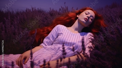 Young dreamy woman sleeping in tranquil lavender flower field in summer night under moon light