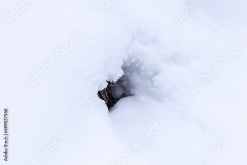 a small hole or cave in the snow
