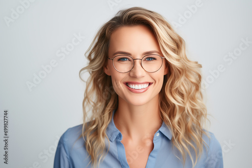 Portrait of a beautiful blonde with glasses, smiling with clean teeth, perfect teeth. To advertise dentistry or ophthalmology. A woman in glasses with a stylish long hairstyle, wearing a blue shirt.