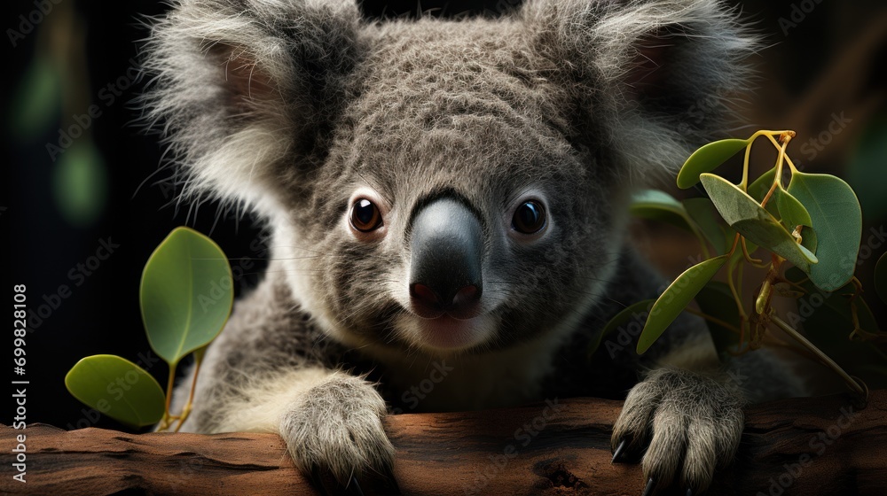 Obraz premium a close up of a koala on a tree branch with a plant in the foreground and a dark background.