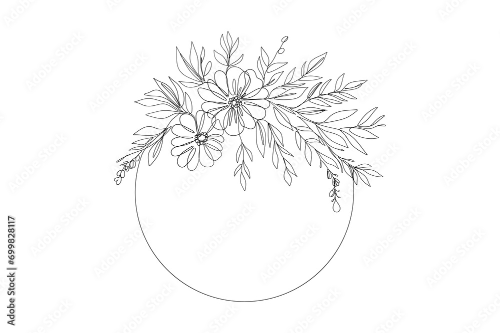 Continuous line drawing floral frame wreath. Minimalist linear circle garland with blooming flowers leaves. Vector illustration