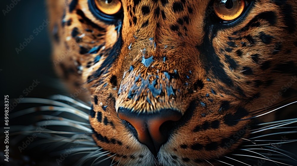 Fototapeta premium a close up of a leopard's face with a blurry look on it's face and eyes.